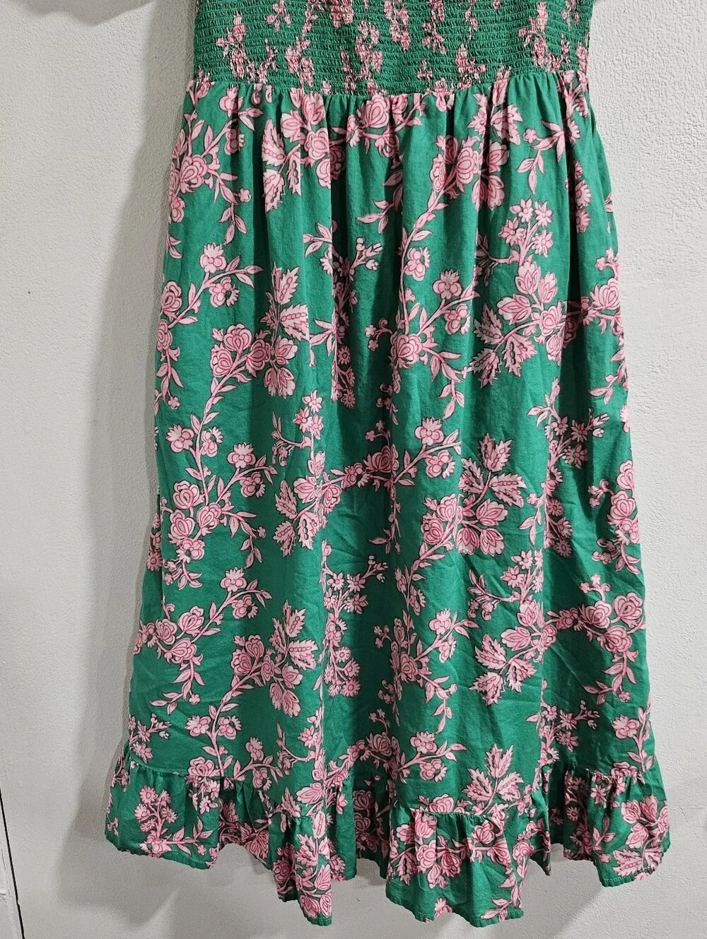 J.Crew Green Pink Floral Smocked Puff Sleeve Cotton Midi Dress Size S
